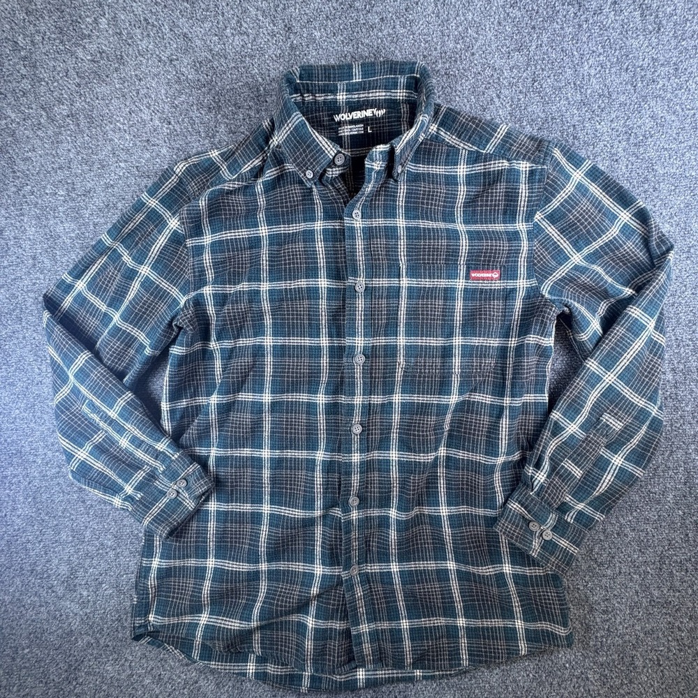 Wolverine Rivet Flannel Shirt Men Large Stillwater Blue Plaid Logo Button Down